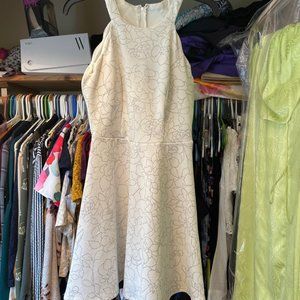 Trixxi White Mini Halter Dress Zip Back Silver Glitter Floral Design Size M